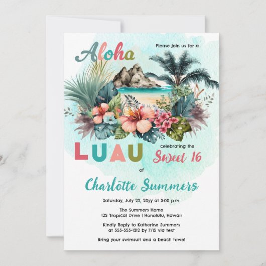 Aloha Luau Tropical Island Beach Sweet 16 Party Kaart (Voorkant)