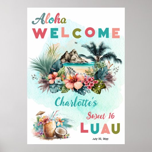 Aloha Luau Tropical Island Beach Sweet 16 Party Poster (Voorkant)