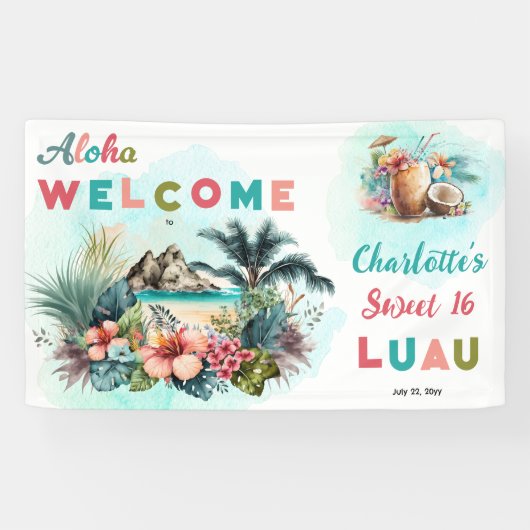 Aloha Luau Tropical Island Beach Sweet 16 Party Spandoek (Horizontaal)