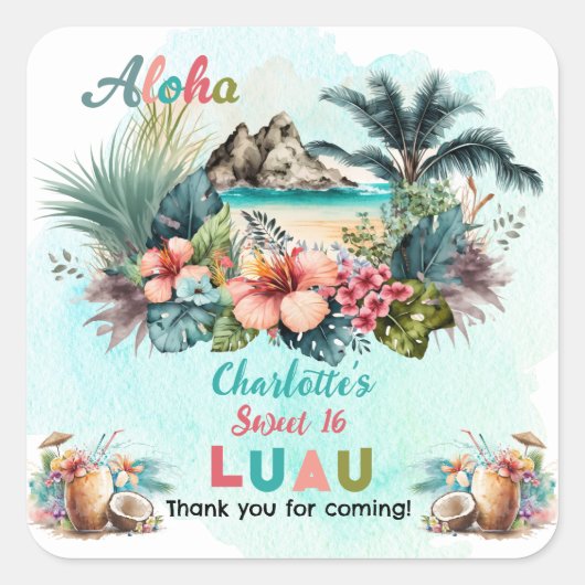 Aloha Luau Tropical Island Beach Sweet 16 Party Vierkante Sticker (Voorkant)