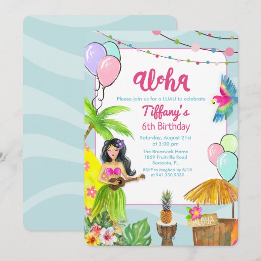 Aloha Luau Tropical Pool Party of Birthday Invitat Kaart (Voorkant / Achterkant)