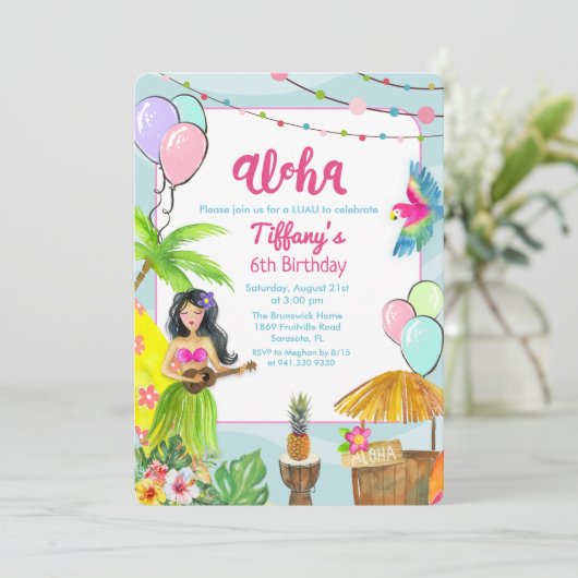 Aloha Luau Tropical Pool Party of Birthday Invitat Kaart (Staand voorkant)