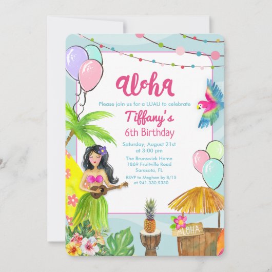 Aloha Luau Tropical Pool Party of Birthday Invitat Kaart (Voorkant)
