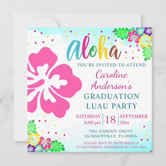 Aloha Luau Tropisch Hibiscus Vierkant Afstuderen Kaart (Voorkant)