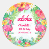 Aloha Luau Tropisch Roze Flamingo Verjaardagsfeest Ronde Sticker (Voorkant)