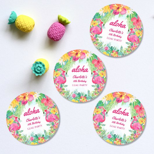 Aloha Luau Tropisch Roze Flamingo Verjaardagsfeest Ronde Sticker