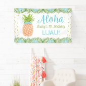 Aloha Luau Tropische anananas Blue Gold Birthday Spandoek (Insitu)