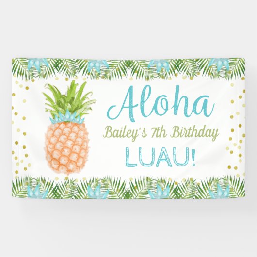 Aloha Luau Tropische anananas Blue Gold Birthday Spandoek (Horizontaal)