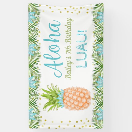 Aloha Luau Tropische anananas Blue Gold Birthday Spandoek (Verticaal)