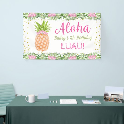 Aloha Luau Tropische ananasappel roze gouddag Spandoek (Beurs)
