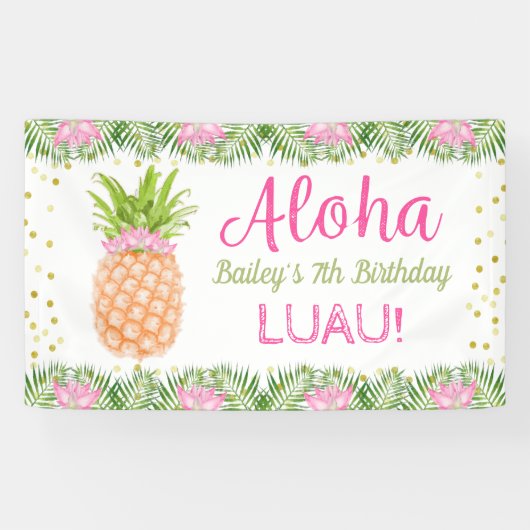 Aloha Luau Tropische ananasappel roze gouddag Spandoek (Horizontaal)