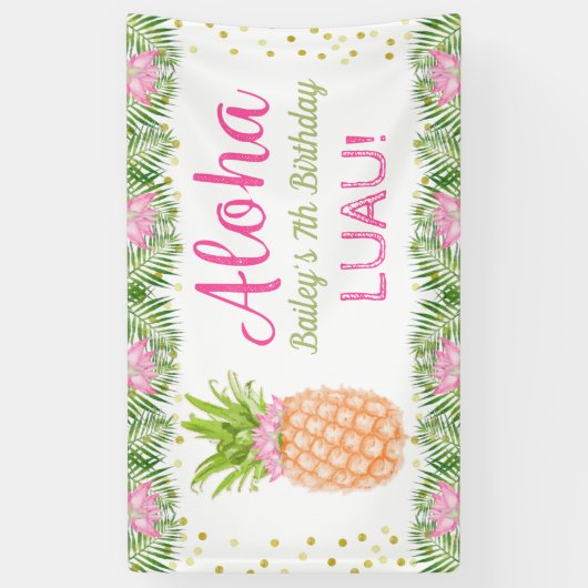 Aloha Luau Tropische ananasappel roze gouddag Spandoek (Verticaal)