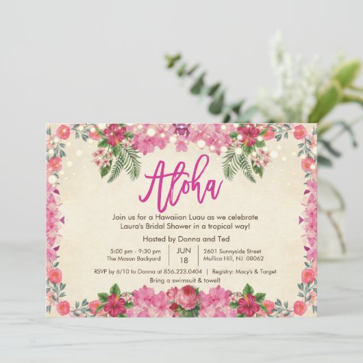 Aloha Luau Tropische Bruiloft Uitnodiging (Staand voorkant)