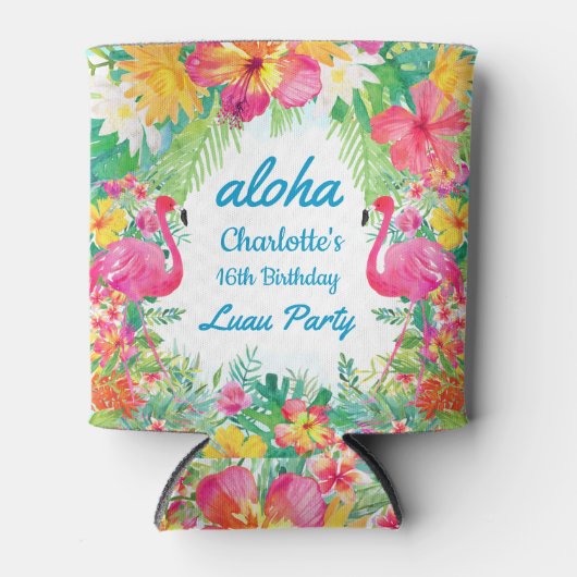 Aloha Luau Tropische Flamingo Bloemen Verjaardag B Blikjeskoeler (Voorkant)
