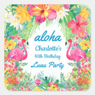 Aloha Luau Tropische Flamingo Verjaardag Blauw Vierkante Sticker
