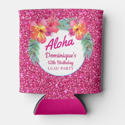 Aloha Luau Tropische Hibiscus Roze Glitter Party Blikjeskoeler (Voorkant)