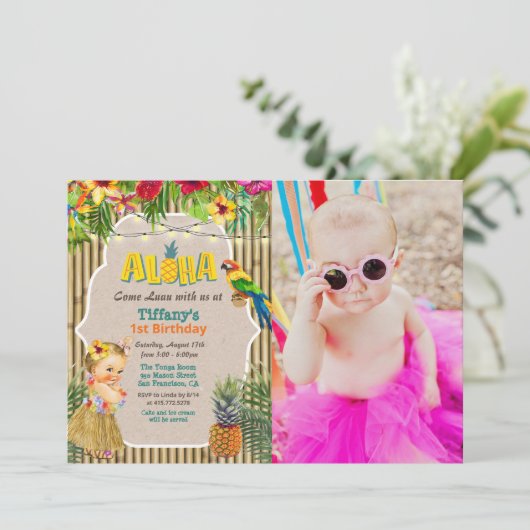 Aloha Luau Tropische Verjaardag Foto uitnodiging (Staand voorkant)