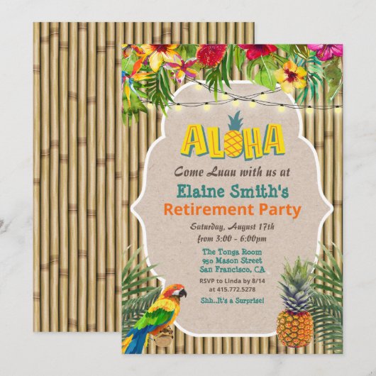 Aloha Luau-uitnodiging voor Tropische Pensionering Kaart (Voorkant / Achterkant)