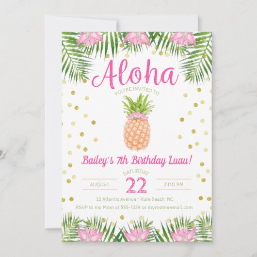 Aloha Luau Verjaardag Tropische Ananas in Roze Kaart (Voorkant)