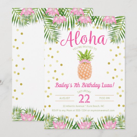 Aloha Luau Verjaardag Tropische Ananas in Roze Kaart (Voorkant / Achterkant)
