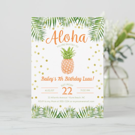 Aloha Luau Verjaardag Uitnodiging Tropische Ananas (Staand voorkant)