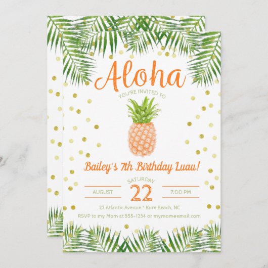 Aloha Luau Verjaardag Uitnodiging Tropische Ananas (Voorkant / Achterkant)