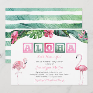 Aloha Lush Tropical Foliage Flamingos Baby shower Kaart