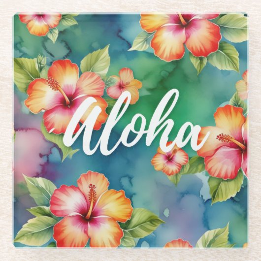 Aloha mooie hibiscus bloem patroon Hawaii Glazen Onderzetter (Voorkant)