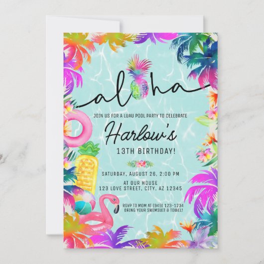 Aloha Neon Tropical Luau Pool Party Verjaardag Kaart (Voorkant)