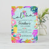 Aloha Neon Tropical Luau Pool Party Verjaardag Kaart (Staand voorkant)