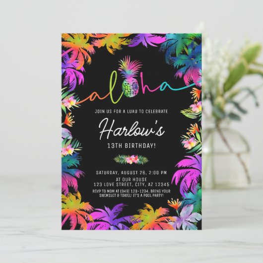 Aloha Neon Tropical Luau Zomer Fun Verjaardag Kaart (Staand voorkant)