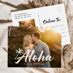 Aloha palmboom 2 foto feestdagenkaart<br><div class="desc">Modern, tropisch vakantie briefkaart met uw full-bleed horizontale foto op de voorkant met "Aloha" in een wit handschrift aangevuld met een handgetekende palmboom. Personaliseer de voorkant van het Aloha vakantie briefkaart door jouw naam toe te voegen. De briefkaart keert terug en bevat uw retouradres, extra foto en aangepast bericht. Ontworpen...</div>