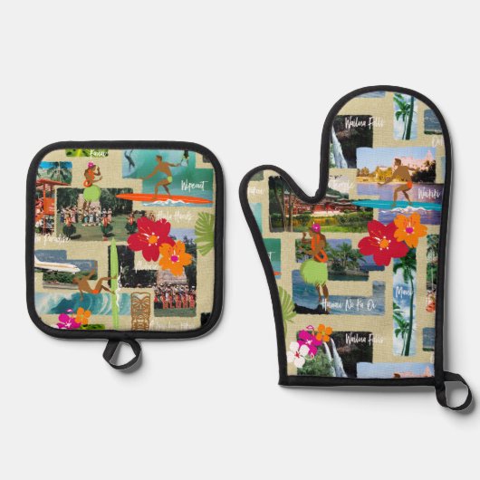 Aloha Paradise Hawaiian Briefkaart Ovenwant & Pannenlap Set (Voorkant)