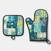 Aloha Patchwork Hawaiiaanse Tropische Prints Turqu Ovenwant & Pannenlap Set (Voorkant)