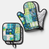 Aloha Patchwork Hawaiiaanse Tropische Prints Turqu Ovenwant & Pannenlap Set (Voorkant / Achterkant)