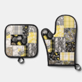 Aloha Patchwork Hawaiian Tropical Prints Zwart Ovenwant & Pannenlap Set (Voorkant)