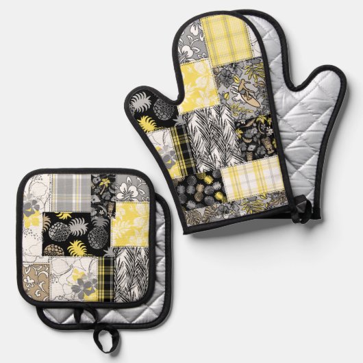 Aloha Patchwork Hawaiian Tropical Prints Zwart Ovenwant & Pannenlap Set (Voorkant / Achterkant)