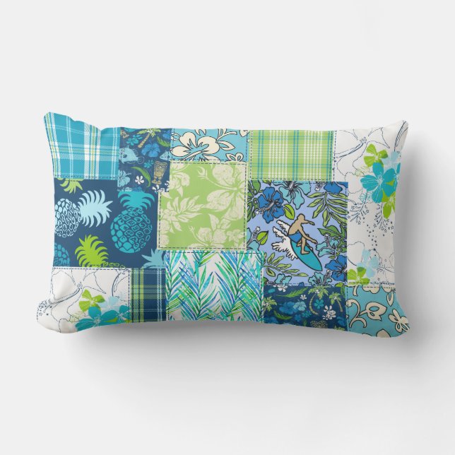 Aloha Patchwork Hawaiian Tropische Prints - Blauwg Buitenkussen (Voorkant)