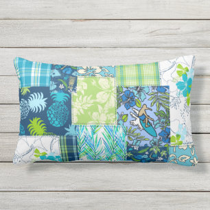 Aloha Patchwork Hawaiian Tropische Prints - Blauwg Buitenkussen