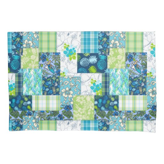 Aloha Patchwork Hawaiian Tropische Prints - Blauwg Kussensloop (Voorkant)
