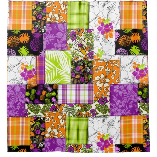 Aloha Patchwork Hawaiian Tropische Prints - Violet Douchegordijn (Voorkant)