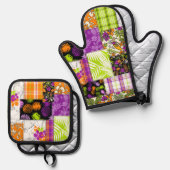 Aloha Patchwork Hawaiian Tropische Prints Violet Ovenwant & Pannenlap Set (Voorkant / Achterkant)