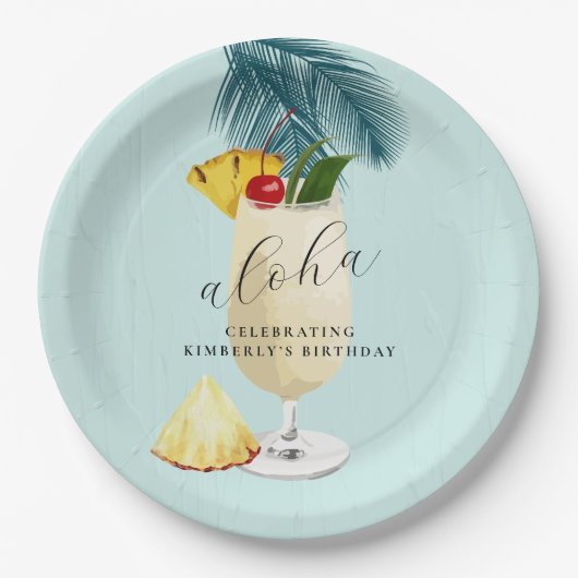 Aloha Pina Colada Green Cocktail Verjaardagsfeestj Papieren Bordje (Voorkant)