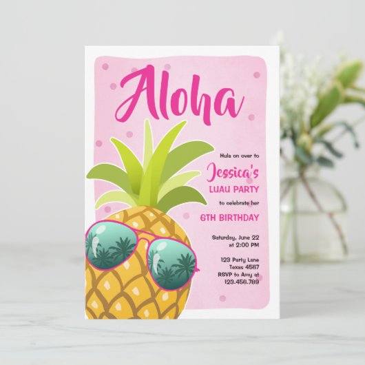 Aloha pineappel Birthday Tropical Luau Hawaii roze Kaart (Staand voorkant)