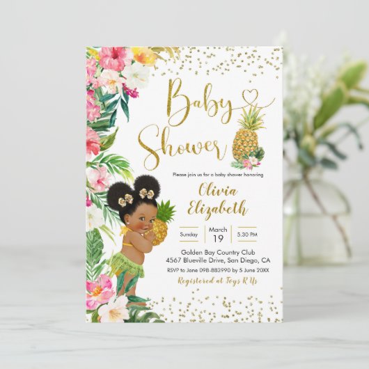 Aloha Pineapple African Afro Girl Baby shower Kaart (Staand voorkant)