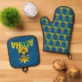 Aloha Pineapple Collectie Blauwgroen Oven Mitt & P Ovenwant & Pannenlap Set (Top down)