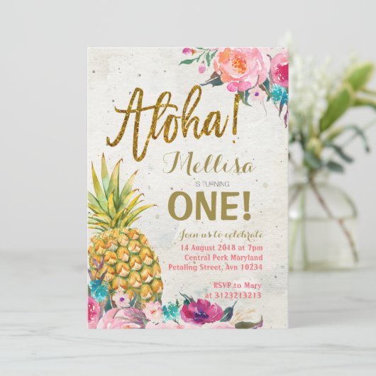 Aloha Pineapple eerste verjaardag uitnodiging (Staand voorkant)