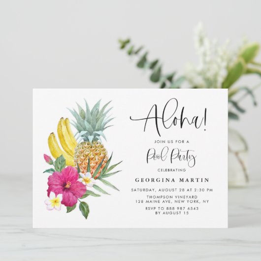 Aloha Pineapple en Hibiscus Tropical Pool Party Kaart (Staand voorkant)