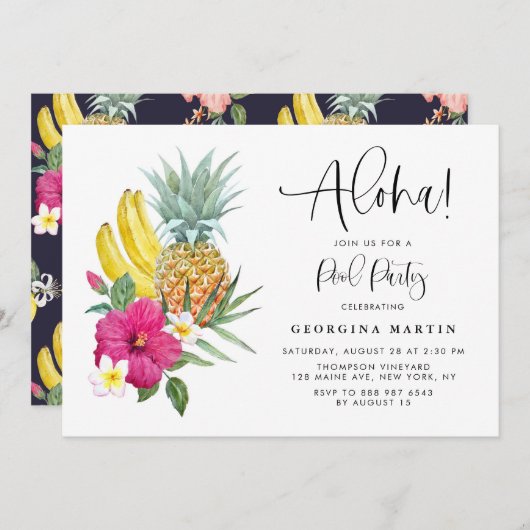Aloha Pineapple en Hibiscus Tropical Pool Party Kaart (Voorkant / Achterkant)