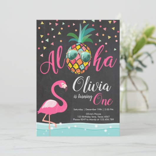 Aloha Pineapple Flamingo Birthday Invitation Pink Kaart (Staand voorkant)